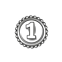 Medal outline icon. First place winner, winner trophy, sport award. Drawn monochrome medal first place simple engraving style.