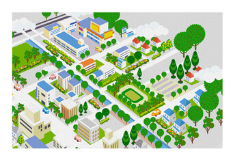 油彩風のエンボス加工。楽しい街並みと暮らしの風景。人々が明るく暮らせる建物と街づくり。