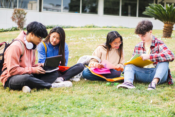 Cheerful College Students Sitting On Grass At Campus