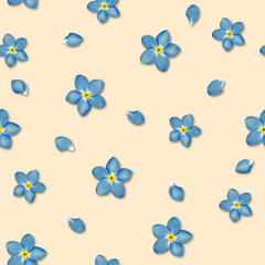 Blue flowers on beige background. Seamless vector floral pattern