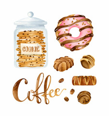 Watercolor sweets, chocolates, cookie jar and donut illustration. Watercolor coffee lettering.