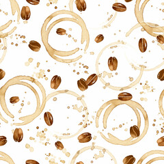 Coffee stains with coffee beans watercolor seamless pattern