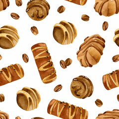 Chocolate candies with topping and coffee beans watercolor seamless pattern	 