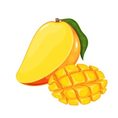 Half mango with leaf and sliced to cubes. Tropical fruit vector illustration.