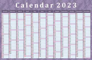 Calendar for 2023, daily event planner with a plant background painted with sage, vector color illustration