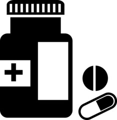 Medicine bottle and pills. Black and white icon. Vector illustration,,.eps