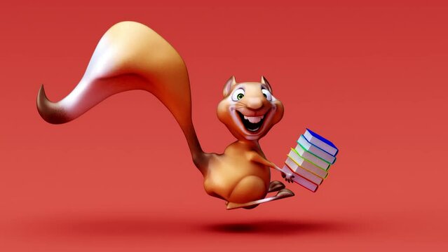 4K fun 3D cartoon squirrel with books