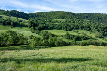 Fototapeta na wymiar Paysage des Monts du Cantal au printemps en France dans la vallée de La Maronne