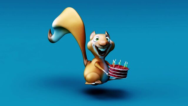 4K fun 3D cartoon squirrel with a cake