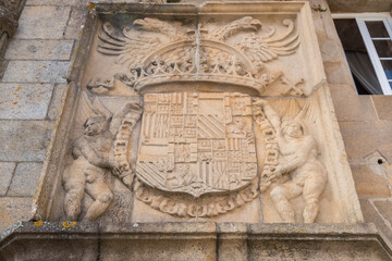 Entrance to the Parador Hostal de los Reyes Catolicos in Plaza del Obradoiro, Santiago de Compostela, Spain