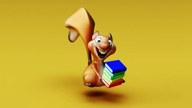4K fun 3D cartoon squirrel with books