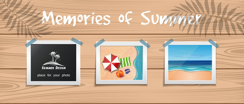 Memories of summer. Summer design set. Photos about summer rest are attached with an adhesive tape to the wooden board. Vector illustration