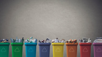 Collection of recycling bins with different types of waste
