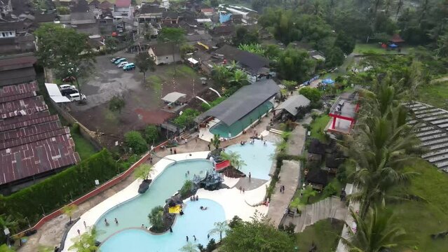 Aerial view of Banyu Langit swimming pool at Grabag Magelang which has the beautiful natural charm of Mount Andong.