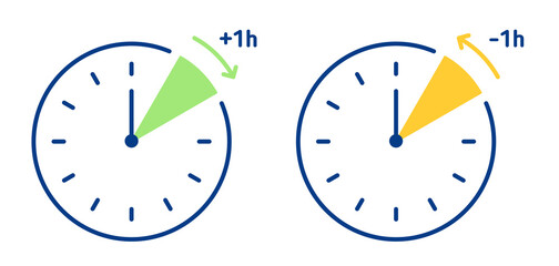 A set of clock icons. Spring and fall time.