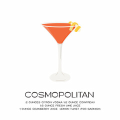 Cosmopolitan Cocktail in martini glass garnished with lemon twist. Summer aperitif recipe retro minimalist square print. Menu card with alcoholic beverage on white background. Vector illustration.