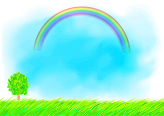 watercolor sky and rainbow and a tree illustration, layered
