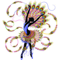 Ballerina Surreal Classic Dancer mouvement élégant portant des plumes de paon douces Illustration vectorielle isolée sur blanc