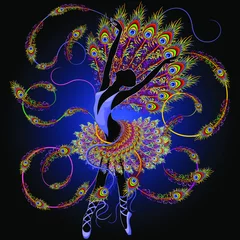 Photo sur Plexiglas Dessiner Mouvement élégant de danseuse classique surréaliste de ballerine portant des plumes de paon douces Illustration vectorielle