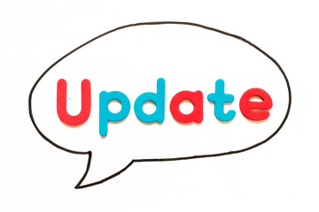 Alphabet letter with word update in black line hand drawing as bubble speech on white board background