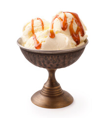 Ice cream in vintage metallic bowl isolated. Ice cream on white background.