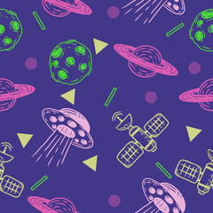 cute line outer rocket space seamless pattern colorful object wallpaper with design light purple.