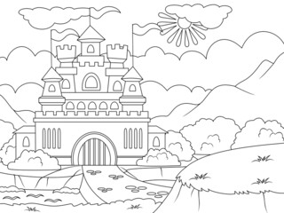 Old castle. Page outline of cartoon. Raster illustration, coloring book for kids.