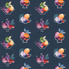 Fruits in vases watercolor seamless pattern, hand drawn stonefruits background - 510606635