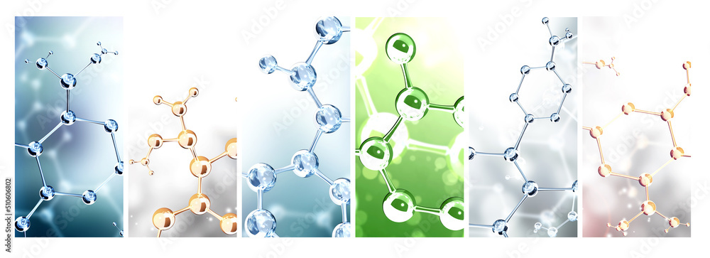 Wall mural set of vertical banners with models of abstract molecular structure