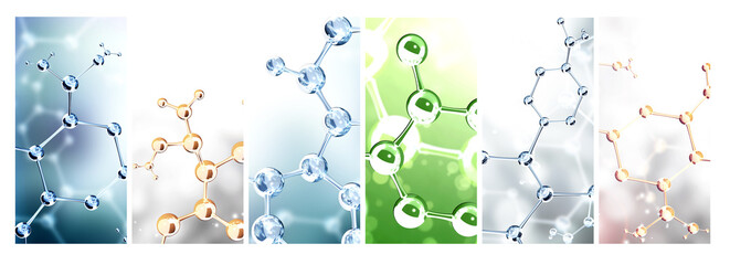 Set of vertical banners with models of abstract molecular structure