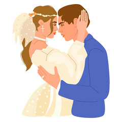 Wedding couple hugging and looking at each other eyes. Man and woman in love. Bride and groom in wedding costumes.