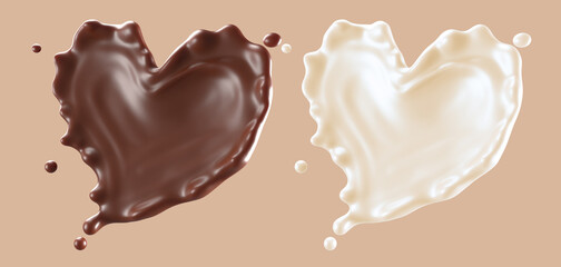 milk and chocolate splash in shape of heart. 3d illustration. Isolated on background