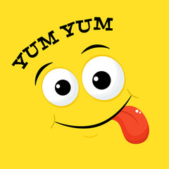 Yummy emoji. Smiling yummy emoticon on yellow background. Inscription Yum yum. Tasty food, gourmet enjoying taste, cook icon. Can be used with t-shirt, stickers, card design. Vector illustration EPS8