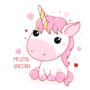 Cute baby card in kawaii style. Lovely unicorn with pink hearts. Inscription My little unicorn. Can be used for t-shirt print, stickers, greeting card design. Vector illustration EPS8