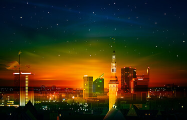 abstract spring background with blue green sunset and panorama of Tallinn - 510607635