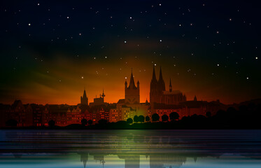 abstract background with red sunset and panorama of old Cologne