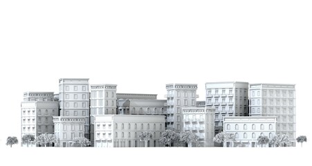 Beautiful city street  with periodic style buildings. 3D rendering illustration