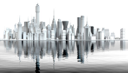 Panoramic view of beautiful modern city with skyscrapers and long bridge over the lake.  3D rendering illustration
