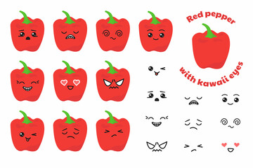 Red pepper with kawaii eyes. Vector illustration of a flat design of red pepper on a white background