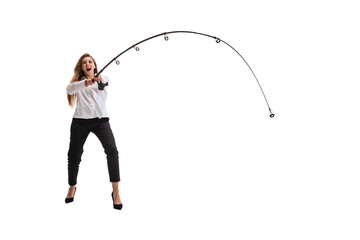 Portrait of young woman, employee with fishing rod isolated over white studio background
