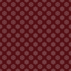 Vector seamless winter background of white snowflakes arranged in regular rows on dark red background. Winter fairy tale, Christmas symbol.