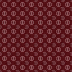 Vector seamless winter background of white snowflakes arranged in regular rows on dark red background. Winter fairy tale, Christmas symbol.