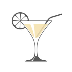 Icon of wine glass with slice of lemon and straw isolated on white background.