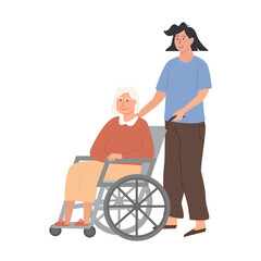 Nurse or volunteer taking care of elderly man on wheelchair. Nursing home concept. Assisted living. Residential care facility. Senior person with disability at hospital. Vector flat illustration.