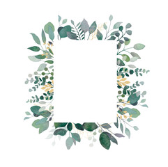 Watercolor green golden leaves frame, eucalyptus branch, plants wreath, wedding invitation cards rustic