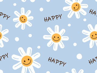 Fototapeta na wymiar Seamless pattern with happy daisy cartoons and hand written font on blue background vector illustration. Cute childish print.