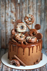 chocolate cake with donuts