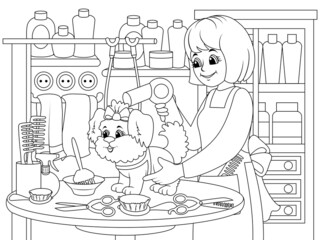 Pet barbers grooming dog in salon, cutting, brushing and drying wool. Groomer job, animal care, shedding concept.