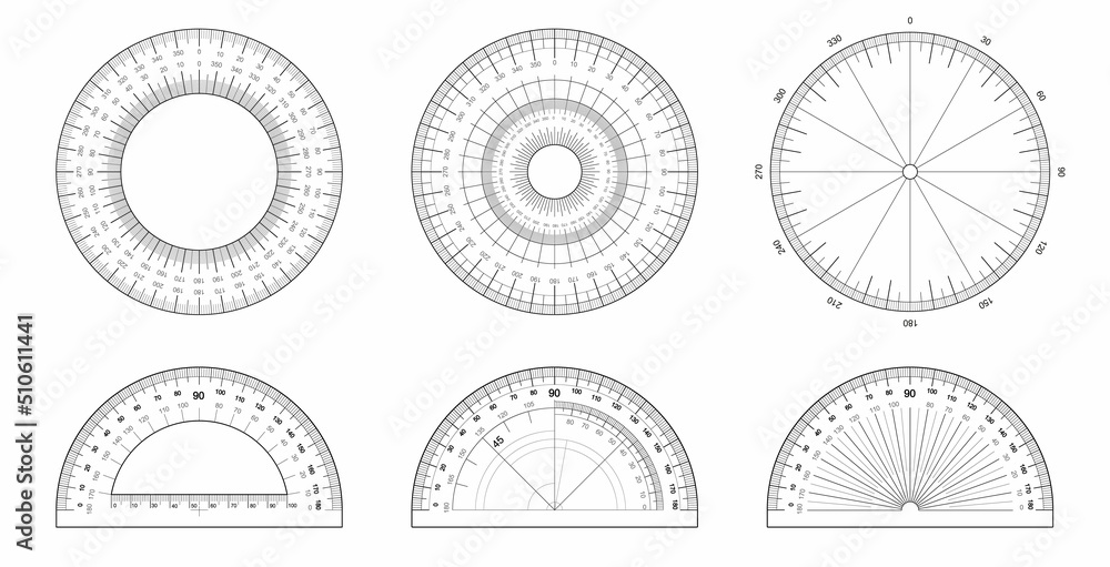 Poster protractor and measuring circle set. angles measuring tool. protractors scale 360 and 180 gradus. ac