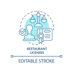 Restaurant licenses turquoise concept icon. Opening food service establishment step abstract idea thin line illustration. Isolated outline drawing. Editable stroke. Arial, Myriad Pro-Bold fonts used